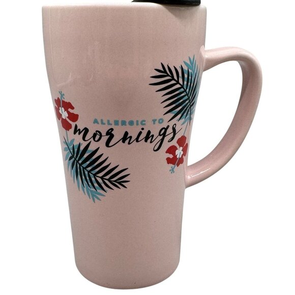 Allergic To Mornings Pink Ceramic Travel Mug With Lid 16 Oz By Clay Art READ - Picture 1 of 6